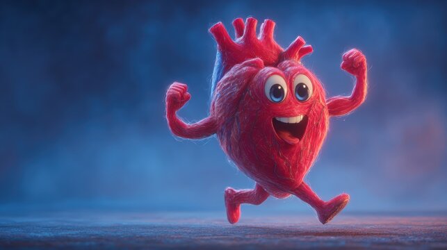 Animated red heart character with eyes smiling and flexing muscles on blue background