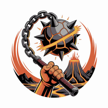 Hand holding spiked flail weapon closeup.