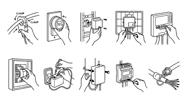 Technical line art illustrations showing electrical installation steps and wiring procedures for smart home devices.