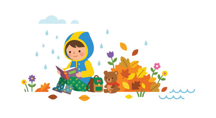 Fototapeta premium A young child in a raincoat sits outside in the rain reading a book next to a pile of autumn leaves, a teddy bear, and a small backpack.