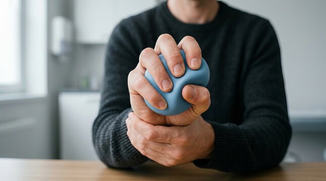 Man squeezing a blue stress relief ball to reduce anxiety.