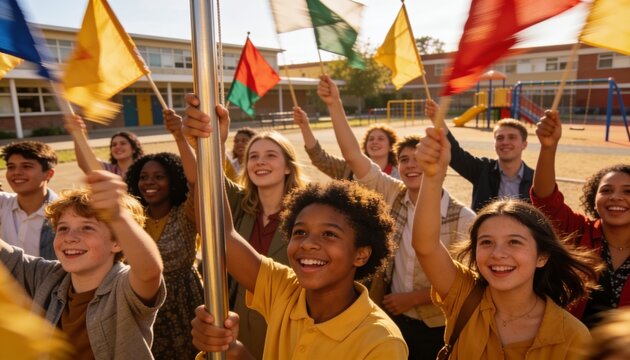 Unity in Diversity: A vibrant group of children and young adults joyfully wave colorful flags, celebrating a shared moment of pride and belonging in a schoolyard.