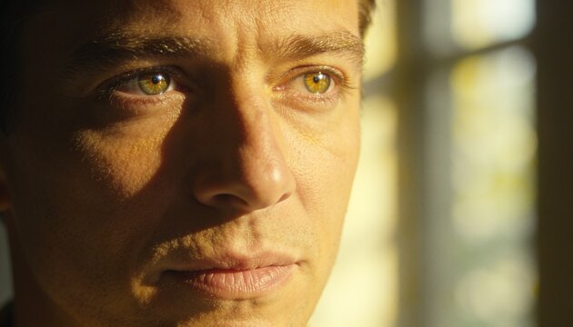 Introspective Gaze: A close-up portrait captures a man's thoughtful expression, with sunlight casting a warm glow across his face, hinting at a moment of quiet contemplation.