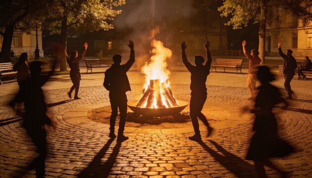 Festival of Light and Dance: Silhouettes of people dance around a vibrant bonfire at night, their arms raised in celebration, creating a mystical and communal atmosphere.