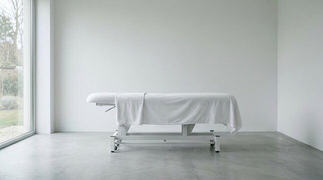 Minimalist white massage table in a bright modern therapy room.