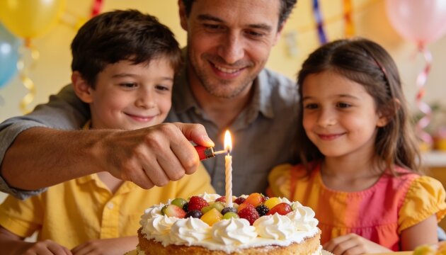 Father and Children Celebrating Birthday: A smiling father lights the birthday candle on a fruit-topped cake, flanked by his happy son and daughter, surrounded by festive balloons and decorations.