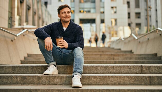 Man Sitting on Stairs with Coffee