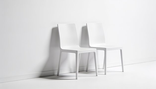 Two modern white chairs placed against a stark white wall and floor, creating a minimalist and clean aesthetic.
