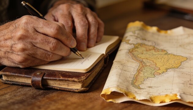 Ancient Exploration: Hands meticulously chart a course on a vintage map, beside a weathered journal, hinting at adventures past and journeys yet to come.