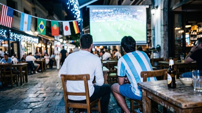 Friends Watching International Football Match at a Local Outdoor Cafe During Global Tournament Celebration