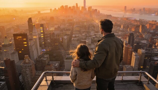 A Father and Daughter Admire a Cityscape at Sunset: A father embraces his daughter as they stand on a rooftop, gazing out at a sprawling city skyline bathed in the warm.