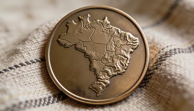 Brazilian Coin: A close-up, top-down view of a golden coin featuring the map of Brazil embossed on its surface, resting on a textured fabric.