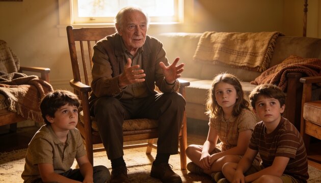 Grandfather's Tale: An elderly man, with a warm smile and gesturing hands, shares a captivating story with three attentive children.