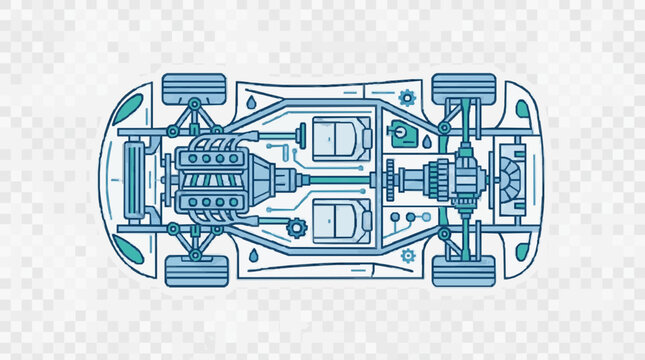 Car chassis blueprint technical diagram.