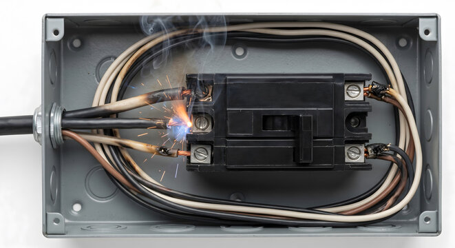 Close up view of burning electrical wires inside a breaker box showing severe short circuit fire hazard.