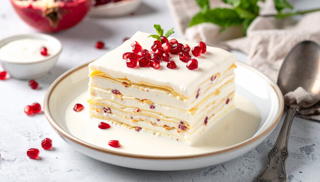 Layered Cream Cake with Fresh Pomegranate Seeds and Mint