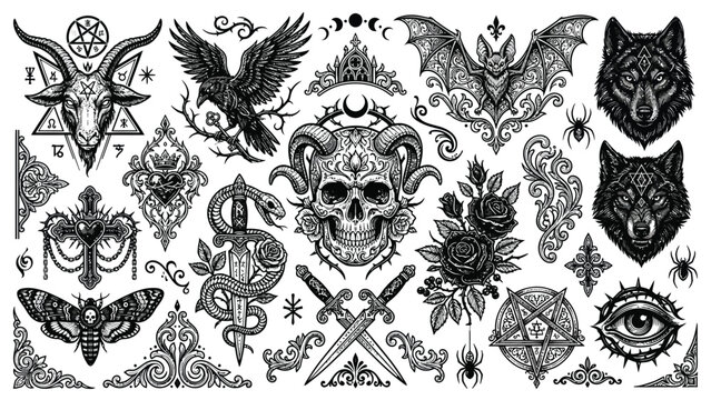 A collection of detailed gothic and occult symbols including Baphomet, skulls, bats, wolves, snakes, and mystical elements in a dark illustration style.