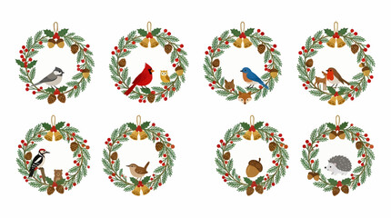 Flat vector illustration of whimsical Christmas wreaths with forest animals, pinecones, holly berries, and golden bells, winter-themed graphic elements © Waskito