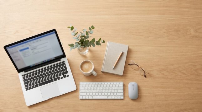 Generative AI, Minimalist flat lay of a laptop workspace with coffee and plant on a wooden desk