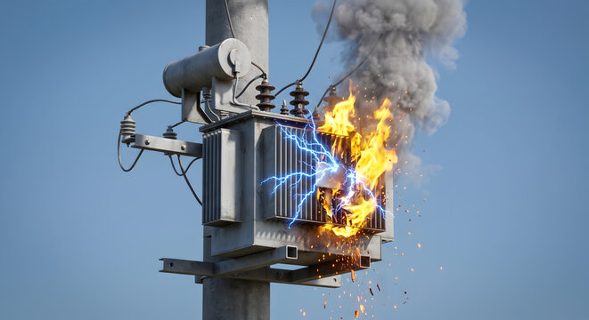 Exploding electric transformer on utility pole generating massive flames with sparks and thick smoke.