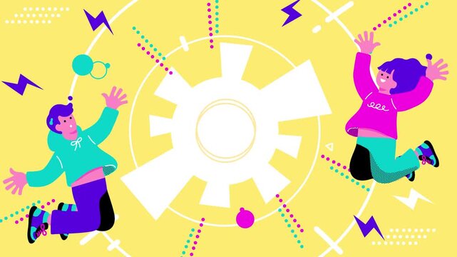 ポップなカラーの喜ぶ男女のイラスト