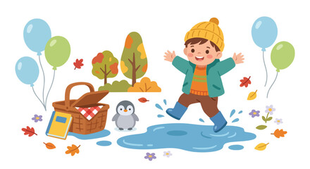 Fototapeta premium A joyful boy wearing a yellow hat and blue boots splashes in a puddle near a picnic basket, balloons, and falling autumn leaves in a playful scene.