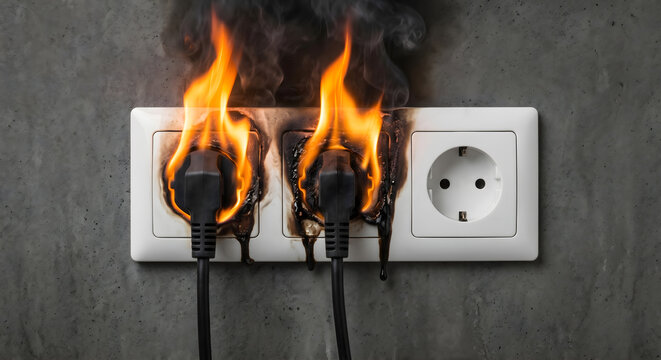 Fire burning in power strip with electrical outlet and plugs due to overload or faulty wiring.