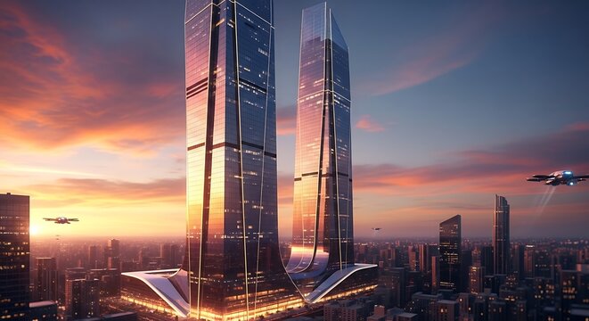 Futuristic skyscrapers dominate a sprawling metropolitan city skyline during a vibrant golden sunset with flying vehicles soaring through the air