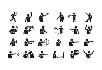 Obraz premium Shooting, sports icons, black silhouette set, 20 vector graphics, athletic illustrations