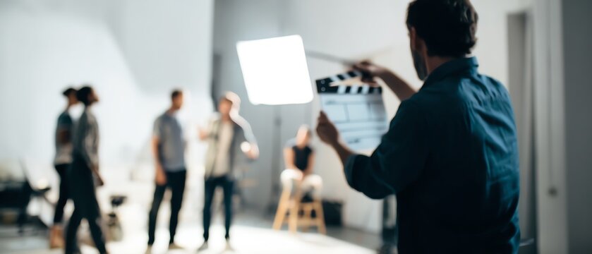 Actor directing a scene with a clapperboard.