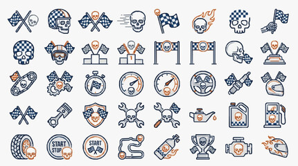 Obraz premium Professional Icons Set of Skull Themed Racing and Car Maintenance Elements in Blue Orange and Gray