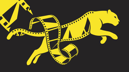 Yellow cheetah silhouette made of film strips on black background © Oktafianto