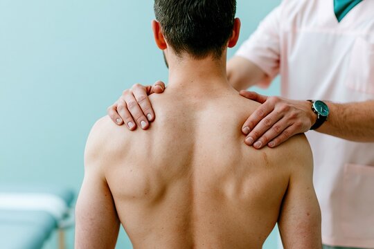Mans bare back being examined by a healthcare professional with smooth skin and gentle touch in a clinical setting for osteopathy and physiotherapy