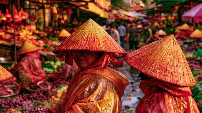Vendors in traditional conical hats and ponchos work in a damp outdoor market, capturing the atmospheric lifestyle of an Asian street for travel and cultural content