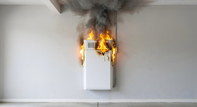 White refrigerator freezer burning with big flames on fire in home kitchen against light wall.