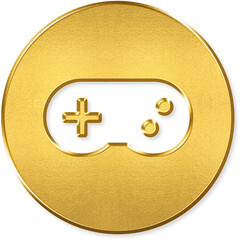 Gamepad icon with gold metallic 3D coin badge for gamepad controller gaming video game joystick play console gamer input on transparent background © titileedzs