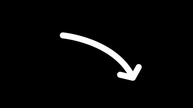Animated white arrow curving downward on black background. 