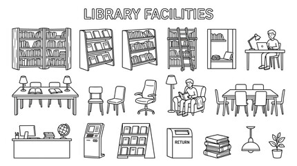Library Facilities Hand-Drawn Icons Set: Bookshelves, Study Areas, Return Box © tempe