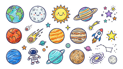Cute Hand-Drawn Space Planets, Sun, Stars, Astronaut, Rocket, and Galaxy © tempe