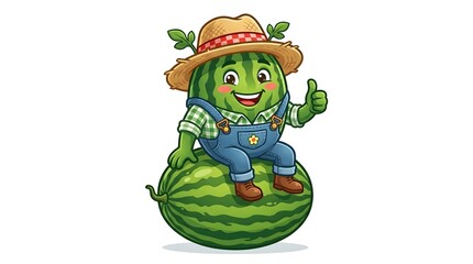 Fototapeta premium Cute Watermelon Farmer Character Mascot Giving Thumbs Up Illustration