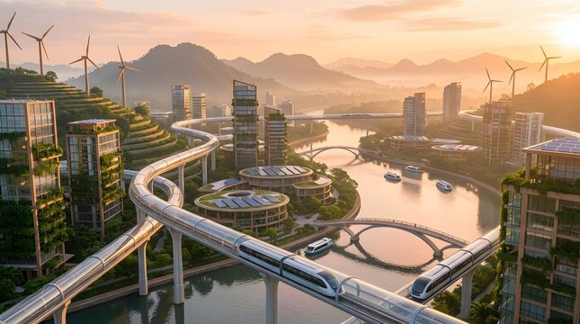 Sustainable eco city with futuristic monorail high rise green buildings windmills and river at sunset