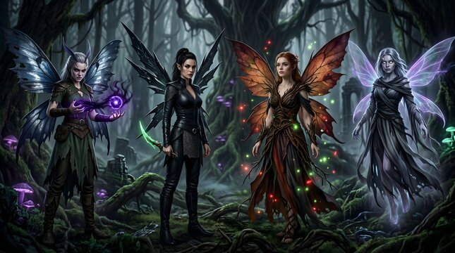 Four mystical fairies with colorful wings stand in a dark, enchanted forest surrounded by glowing mushrooms and ancient trees, exuding a magical fantasy aura.