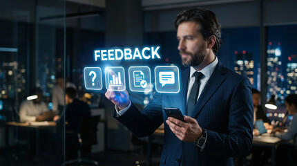 Fototapeta premium Future of Feedback: A businessman in a modern office interacts with a futuristic holographic display showing feedback icons, data charts, and survey results.