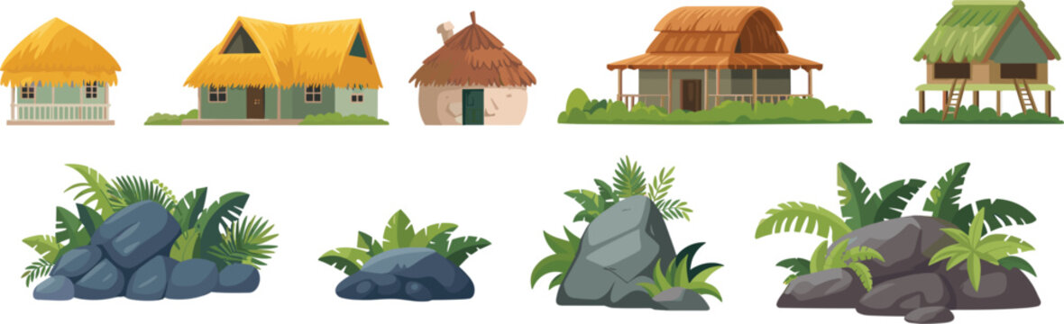 Jungle hut and tropical landscape element vector set, cartoon tribal village bungalows and rocks isolated on white background
