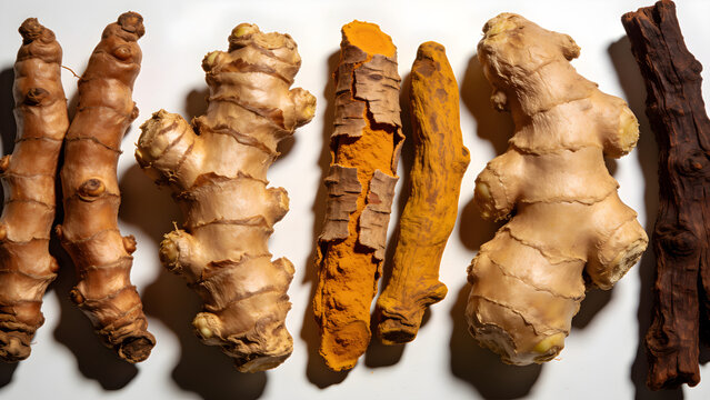 Fresh Ginger Turmeric Rhizomes and Dried Turmeric Root Isolated on White Background
