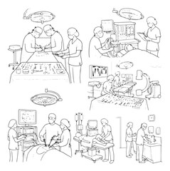 Obraz premium Hand drawn surgery line art set, medical professionals in operating room vector, surgical team performing procedures with equipment and tools
