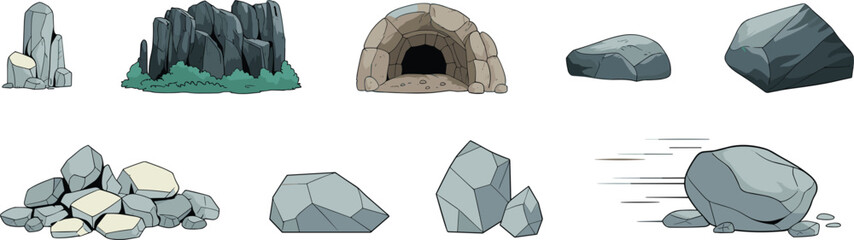 Rock and cave elements cartoon vector set, grey boulders rockslide and mountain stones isolated on white background © Kaiyum