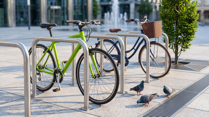 Fototapeta premium Two parked bicycles on urban pavement with pigeons nearby 