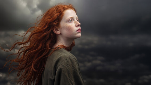 Young freckled girl with flowing red hair gazes upward against a dark, dramatic stormy sky Strong, defiant expression.