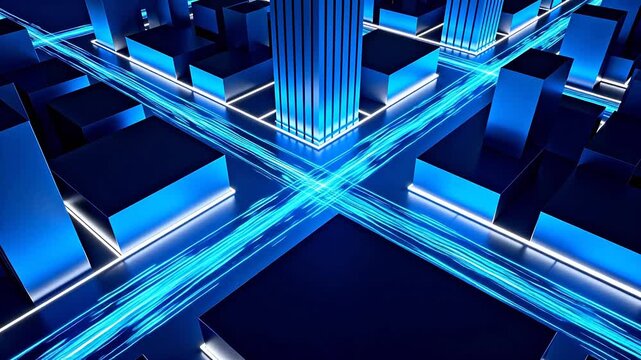 Abstract blue light grid with cubes